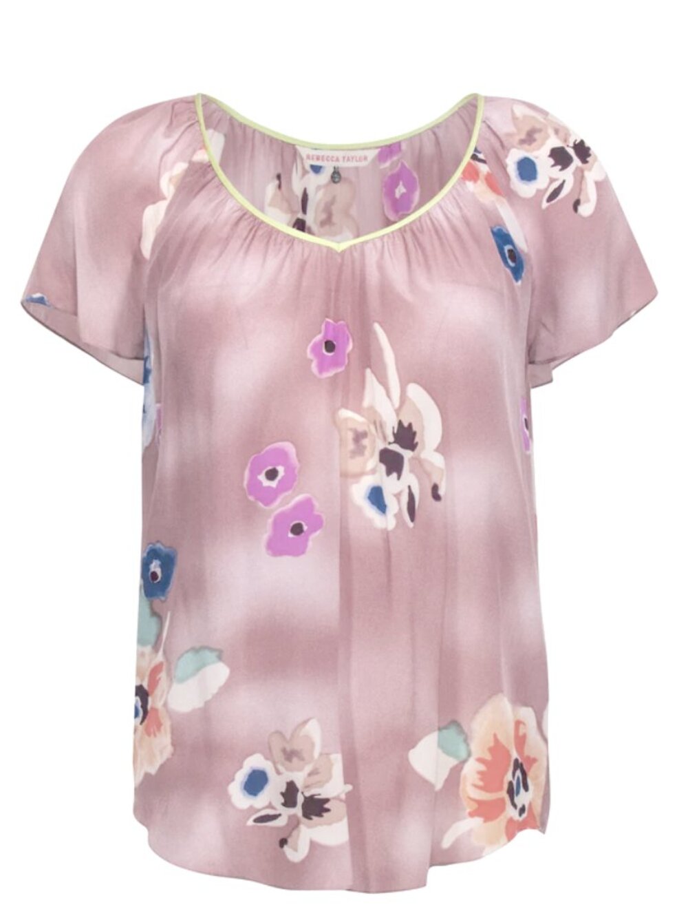 Rebecca Taylor Mauve Floral Print Silk Crepe V-Neck Blouse Top, Size 0